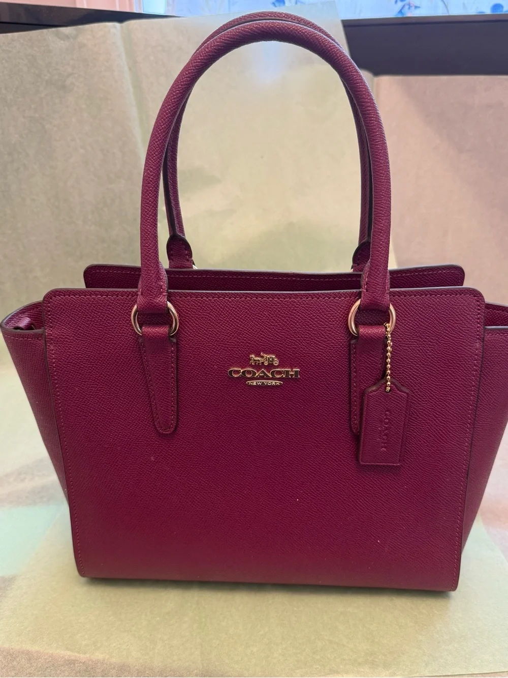 COACH Women’s Structured Saffiano Leather Satchel - Berry (missing long handle) - Picture 1 of 7